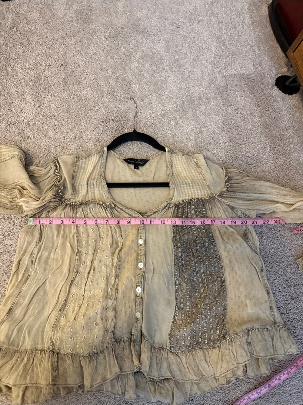 Young Threads Boho Ruffle Button-Front Women’s Top - Taupe - Picture 14 of 16